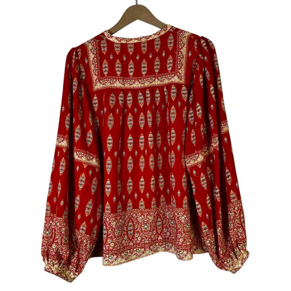 Rose + Olive Paisley Print Peasant Top Womens L Red Hippie Boho Cottagecore - Picture 5 of 7